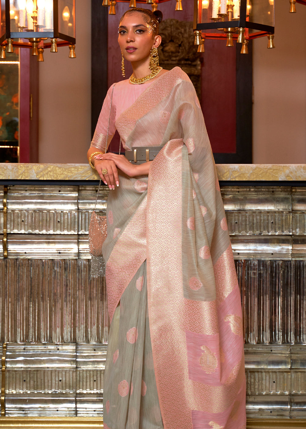 Buy MySilkLove Grey Olive and Pink Zari Woven Linen Saree Online