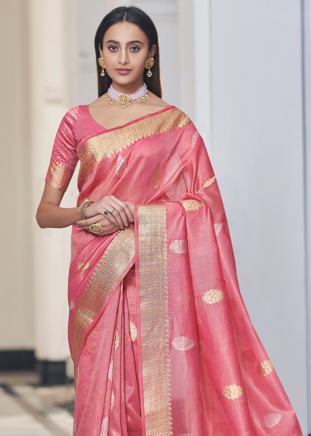 Buy MySilkLove Sundown Pink Zari Woven Tissue Banarasi Silk Saree Online