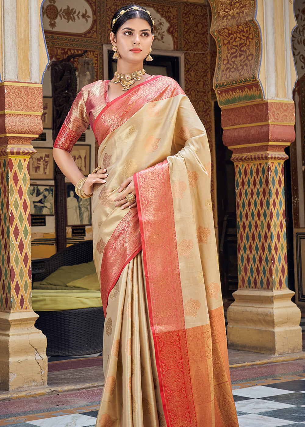 Buy MySilkLove Brandy Cream Woven Banarasi Barcode Silk Saree Online