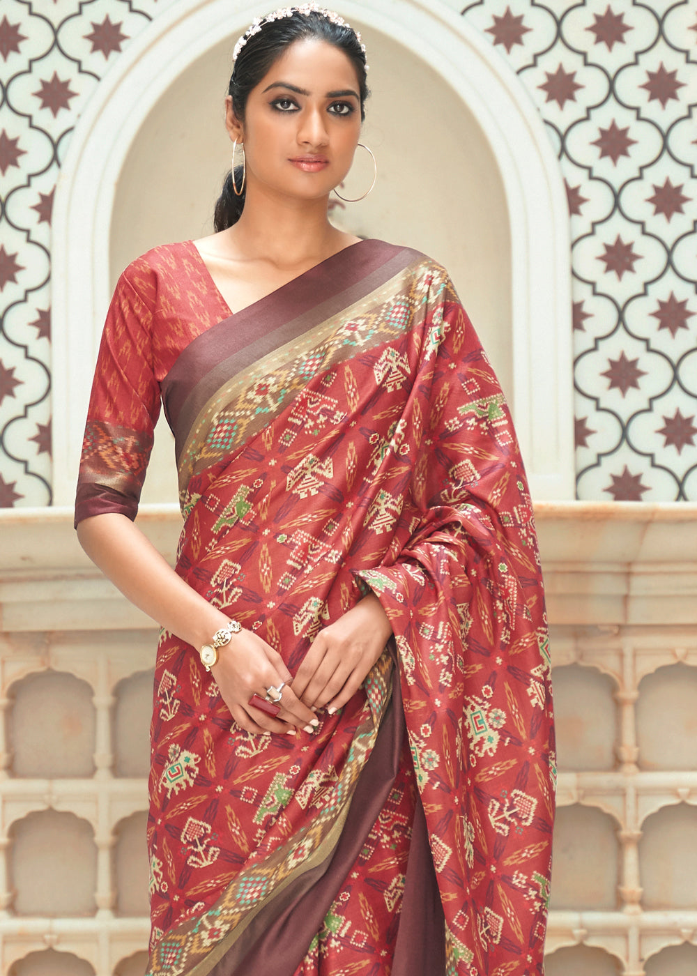 Buy MySilkLove Roman Red Patola Digital Printed Saree Online