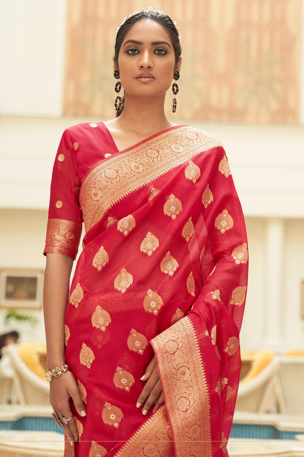 MySilkLove Chestnut Red Zari Woven Organza Silk Saree