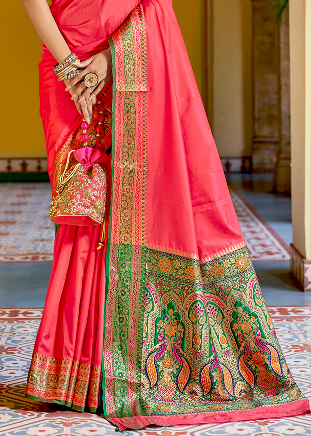 Buy MySilkLove Salmon Pink and Green Zari Woven Banarasi Soft Silk Saree Online