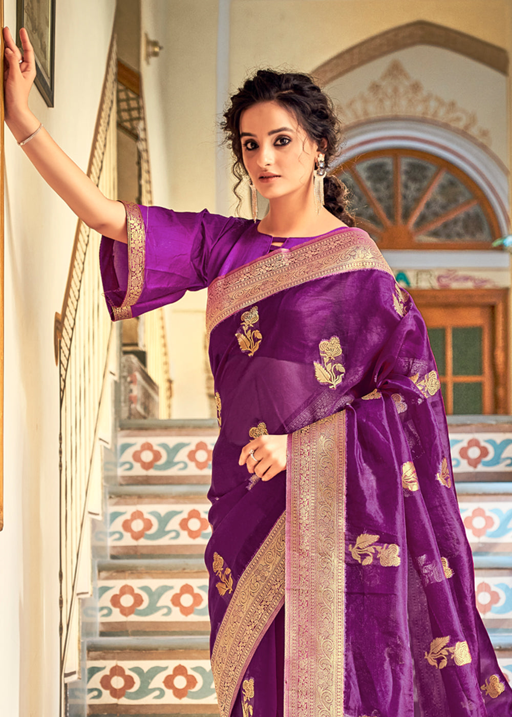 Buy MySilkLove Pearly Purple Zari Woven Banarasi Organza Saree Online