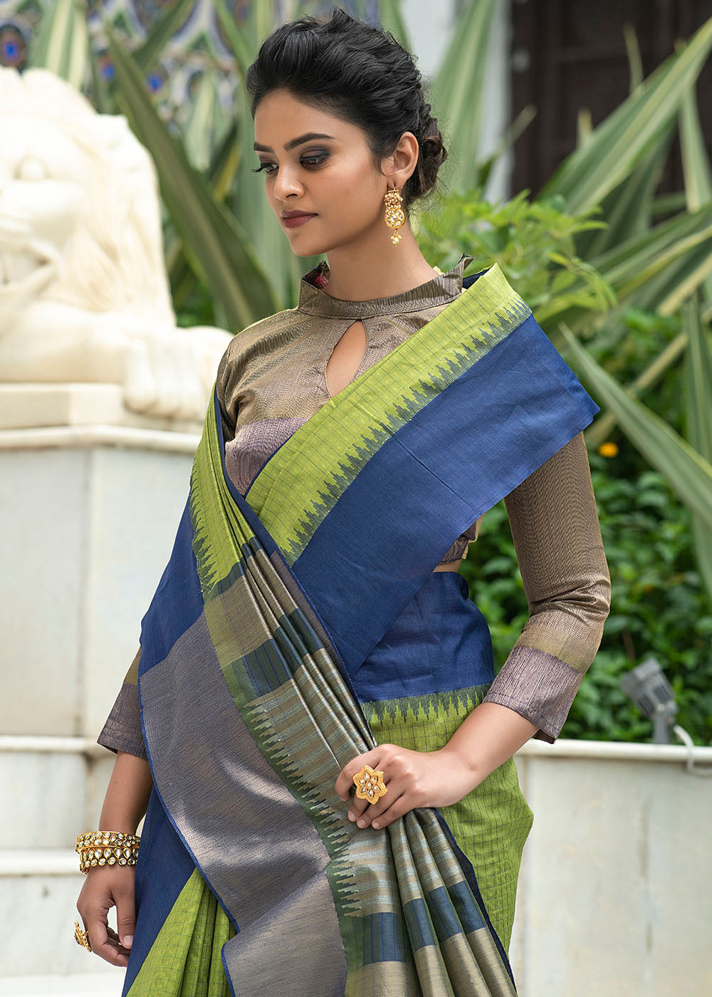 Buy MySilkLove Sycamore Green and Blue Zari Woven South Silk Saree Online