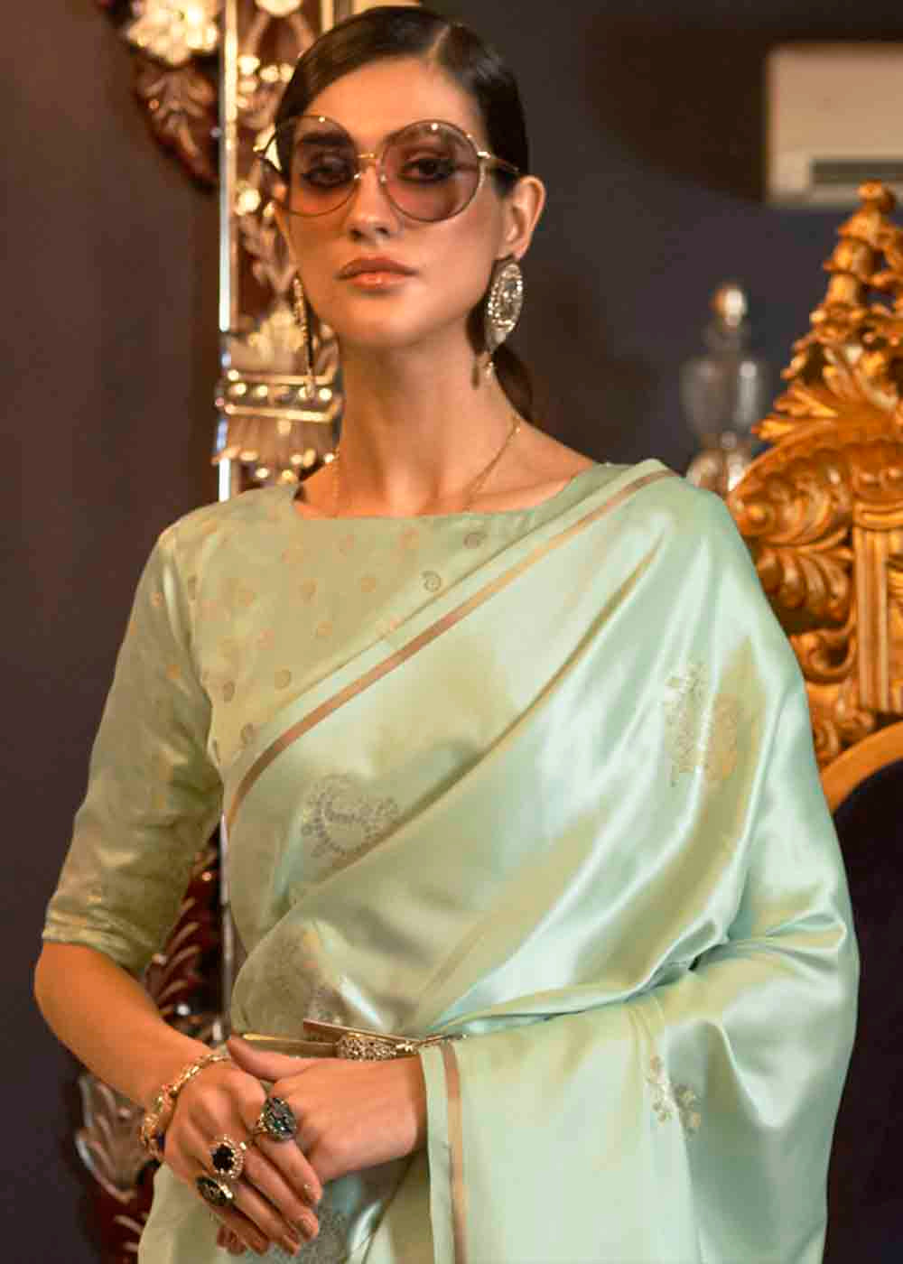 Buy MySilkLove Pale Leaf Green Zari Woven Banarasi Satin Silk Saree Online