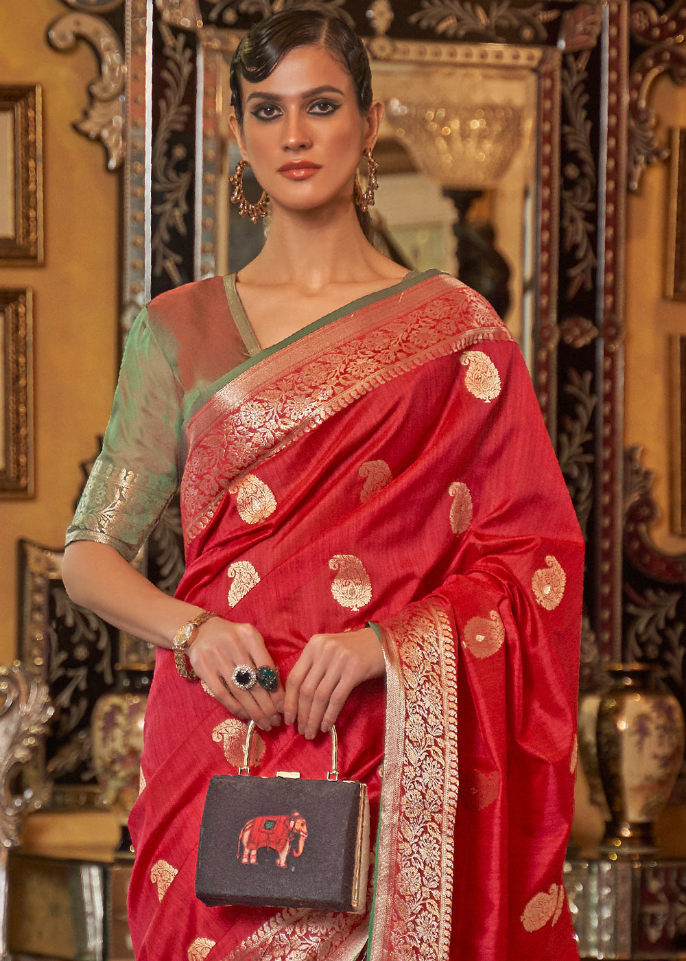 Buy MySilkLove Mexican Red and Green Zari Woven Tussar Saree Online