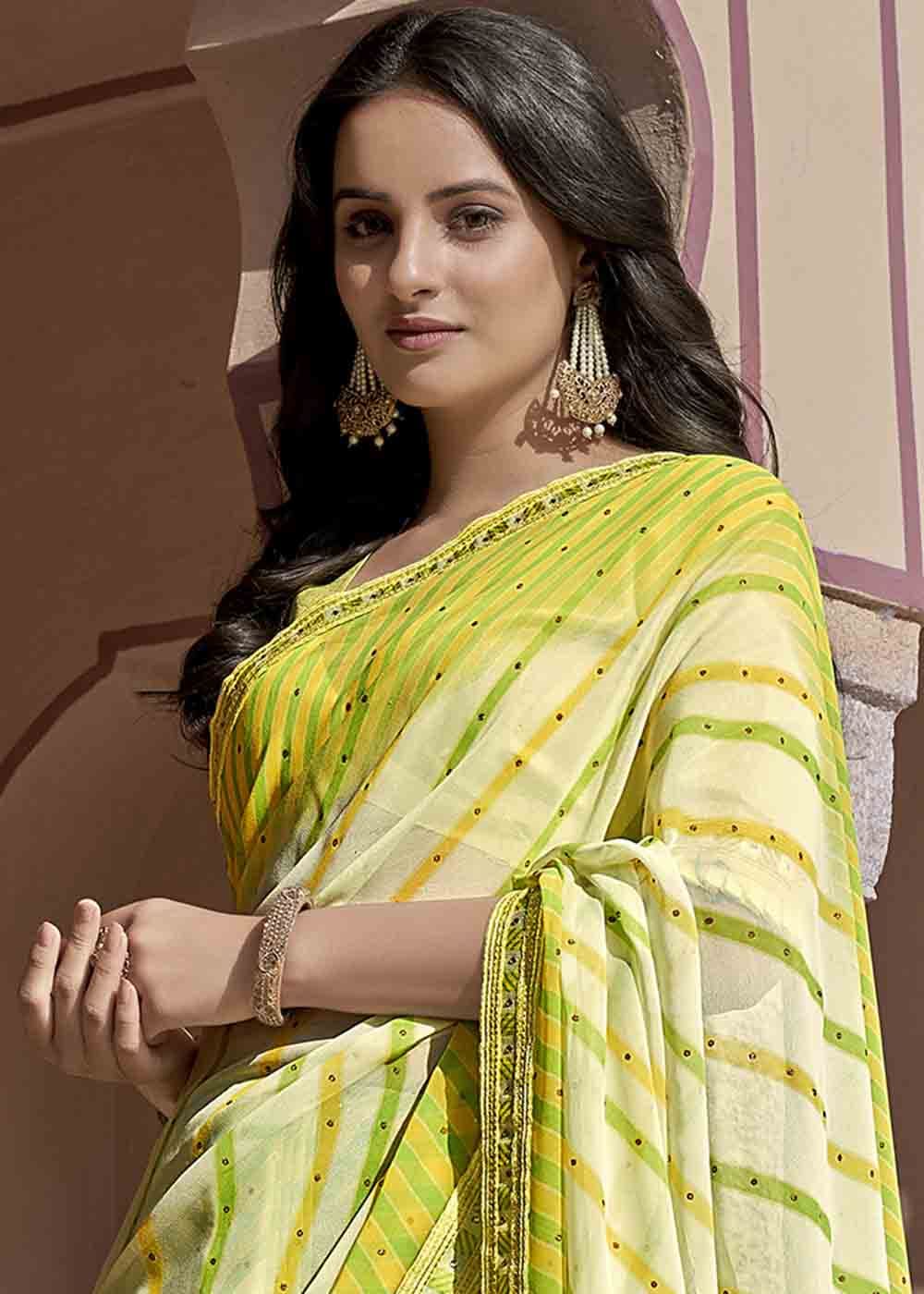 Buy MySilkLove Turmeric Green Yellow Printed Georgette Saree Online