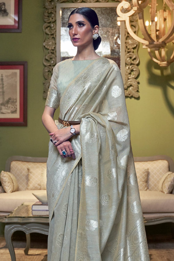 Buy MySilkLove Brook Grey Zari Woven Linen Saree Online