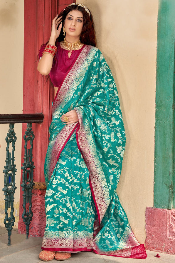 Buy MySilkLove Keppel Blue and Purple Organza Saree Online