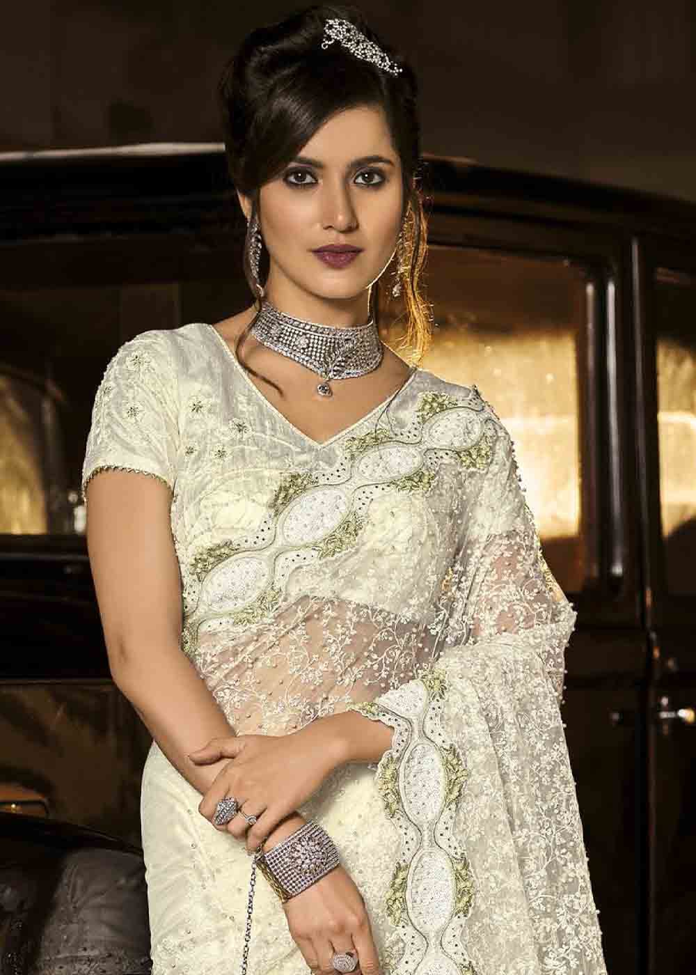 Buy MySilkLove Special White Heavy Work Designer Net Saree Online