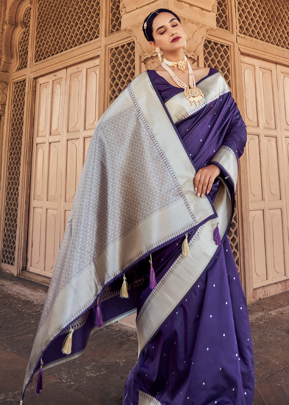 Buy MySilkLove Mulled Wine Purple Woven Banarasi Satin Silk Saree Online