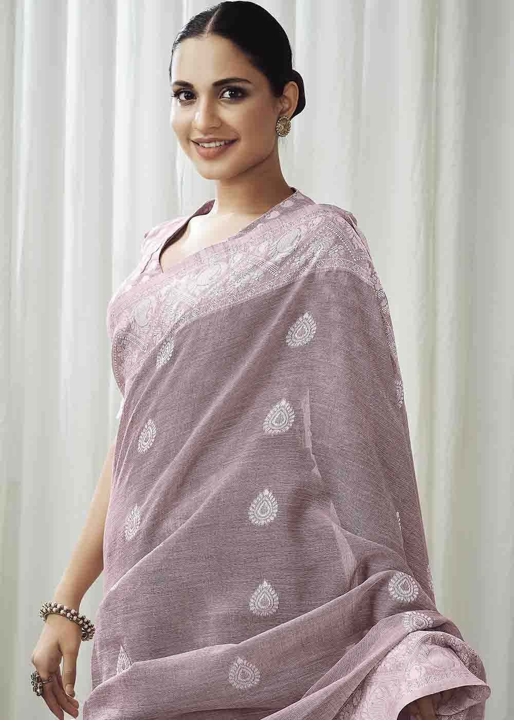 Buy MySilkLove Dusty Purple Chikankari Linen Saree Online