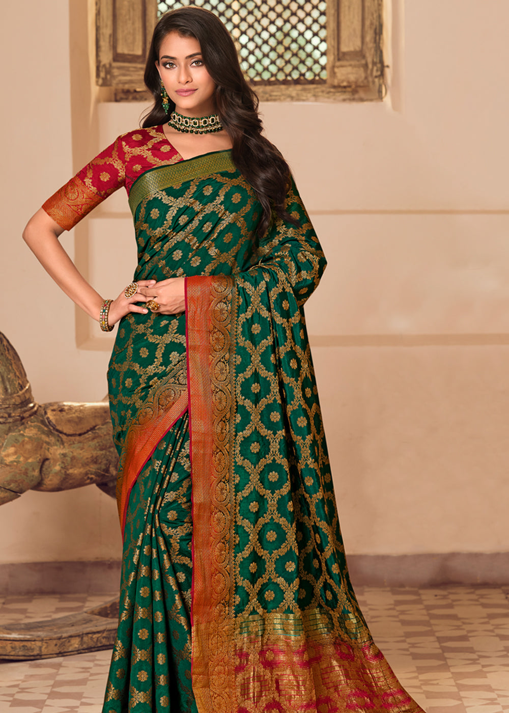 Buy MySilkLove Bottle Green Woven Banarasi Raw Silk Saree Online