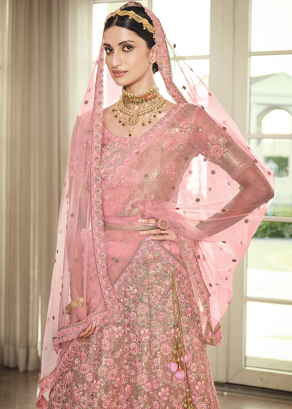 Buy MySilkLove Sundown Pink Net Designer Lehenga With Heavy Embroidered Work Online