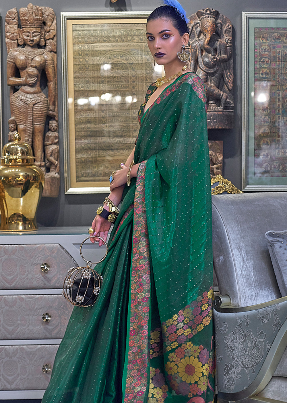 Buy MySilkLove Watercourse Green Woven Dual Tone Organza Banarasi Silk Saree Online