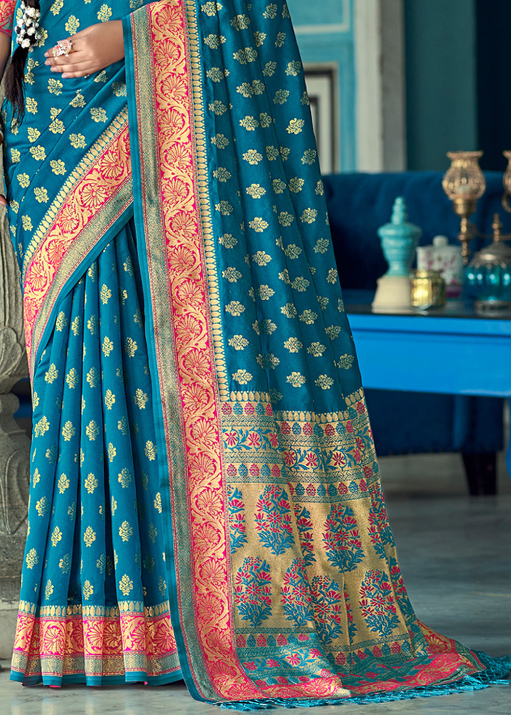 Buy MySilkLove Boston Blue and Red Zari Woven Banarasi Saree Online