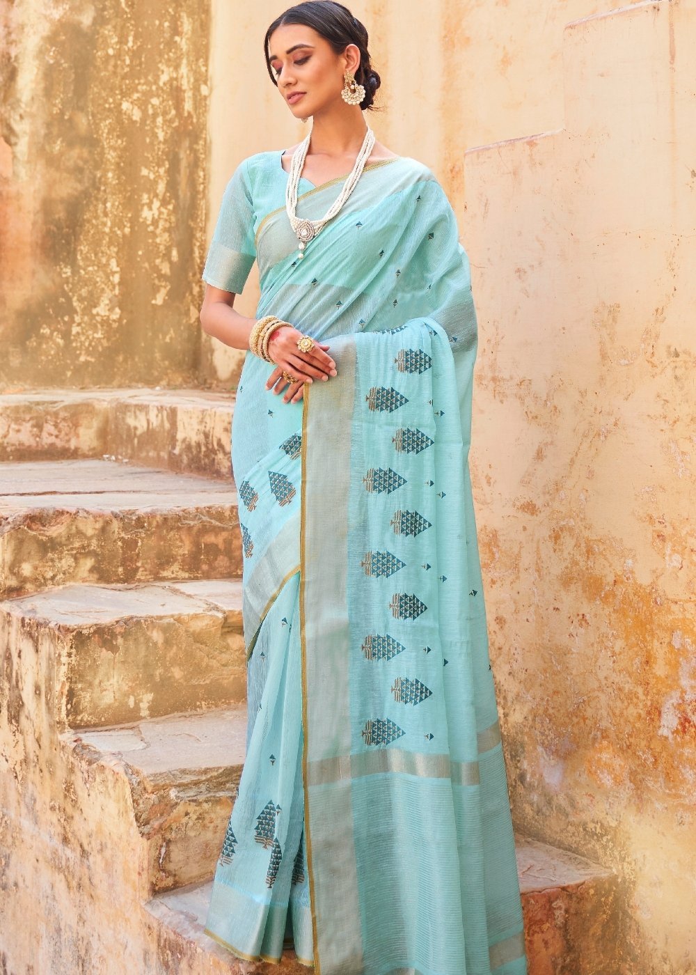 Buy MySilkLove Aqua Island Blue Linen Saree Online