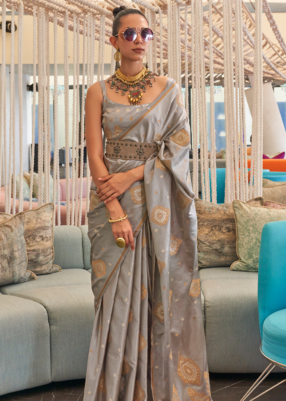 Buy MySilkLove Sage Grey Bronze Zari Woven Satin Silk Saree Online