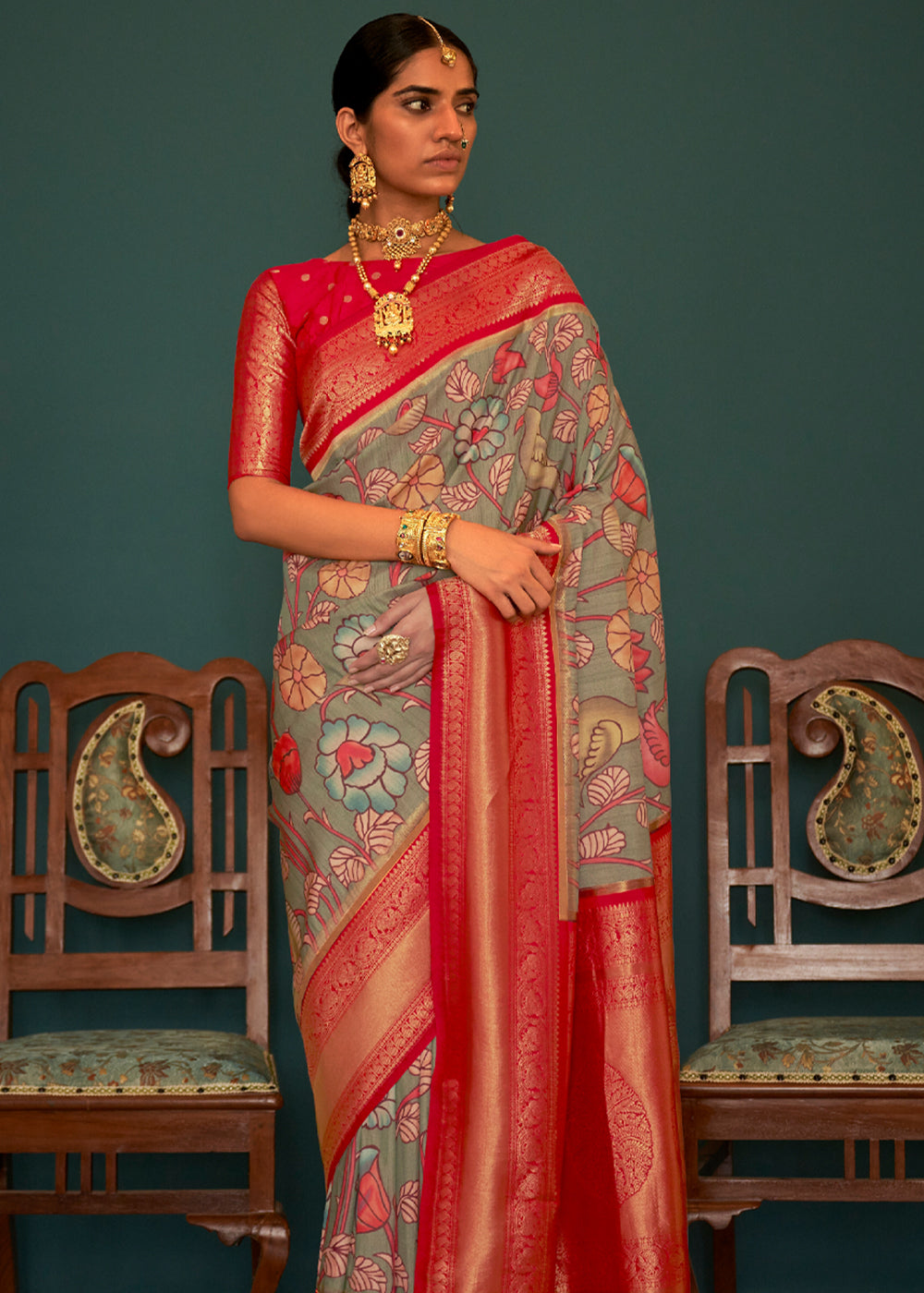 Buy MySilkLove Norway Grey and Red Woven Banarasi Tussar Silk Kalamkari Saree Online