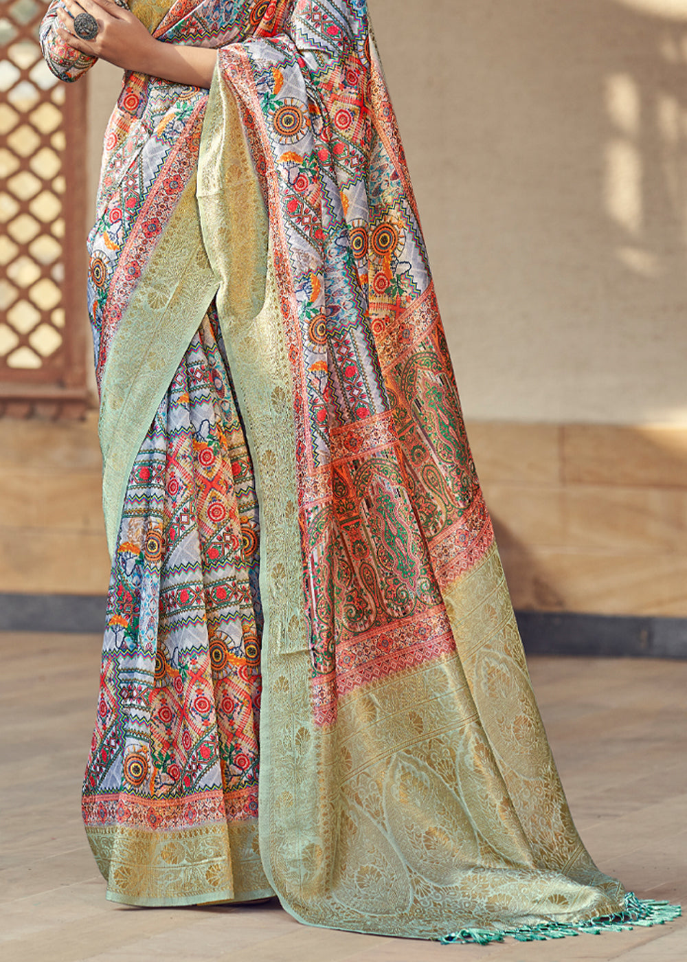 Buy MySilkLove Santas Grey Multicolored Digital Printed Jacquard Silk Saree Online