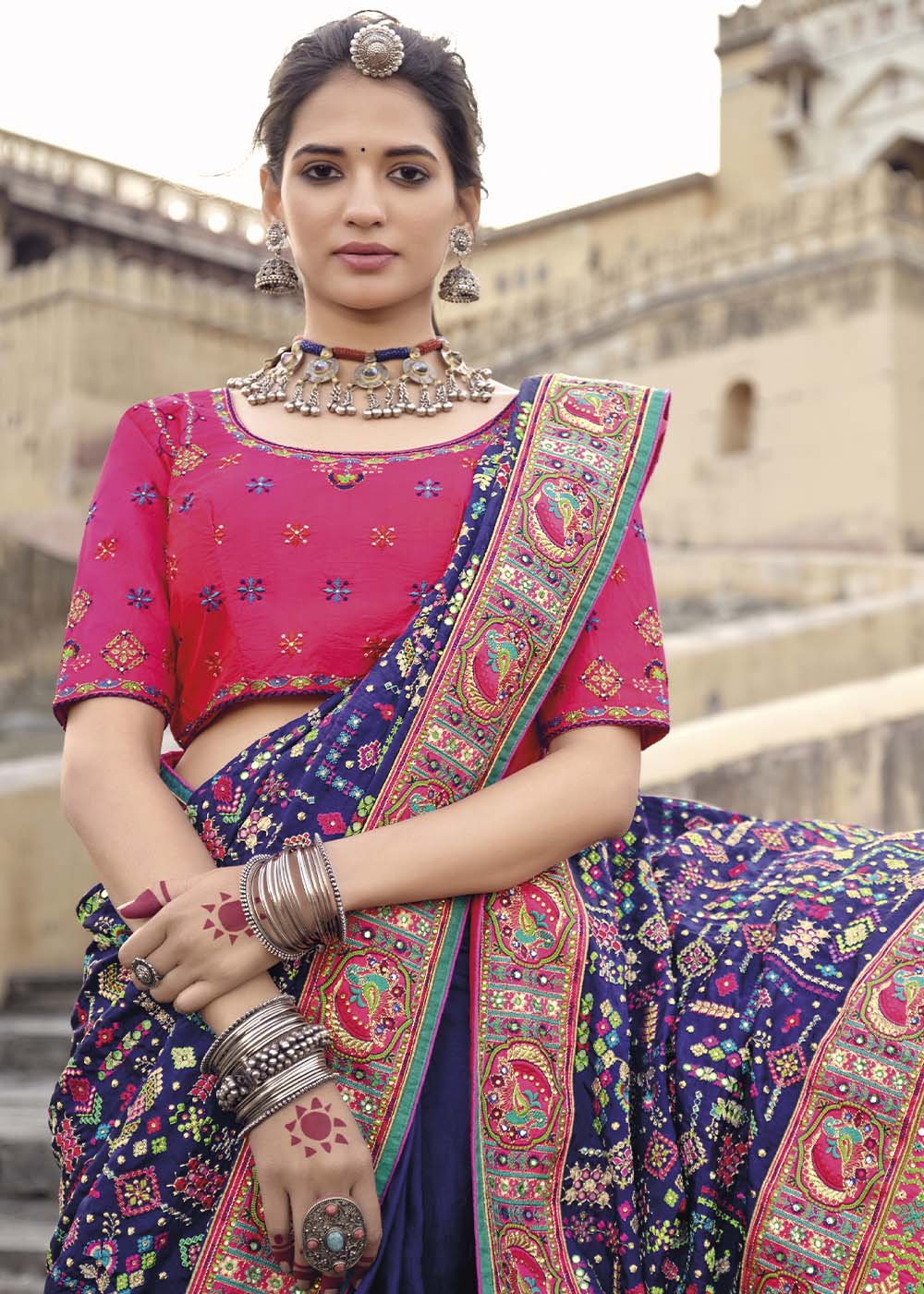 Buy MySilkLove Bossanova Purple and Pink Banarasi Saree with Kachhi,Mirror and Diamond Work Online