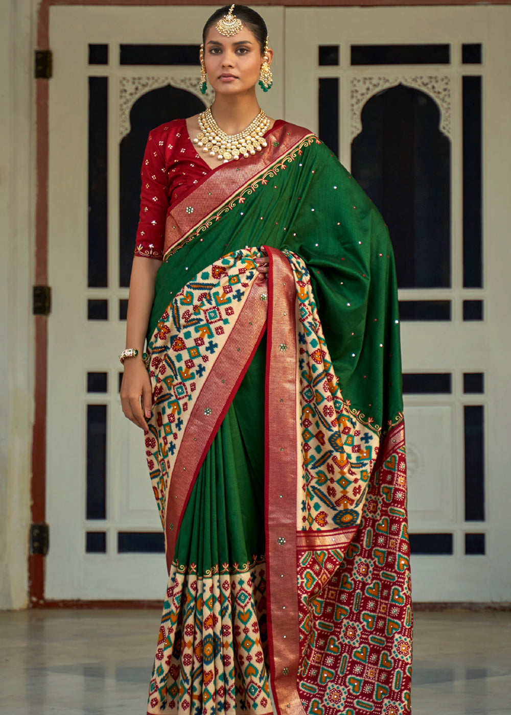 Buy MySilkLove Jewel Green and Red Woven Patola Silk Saree Online