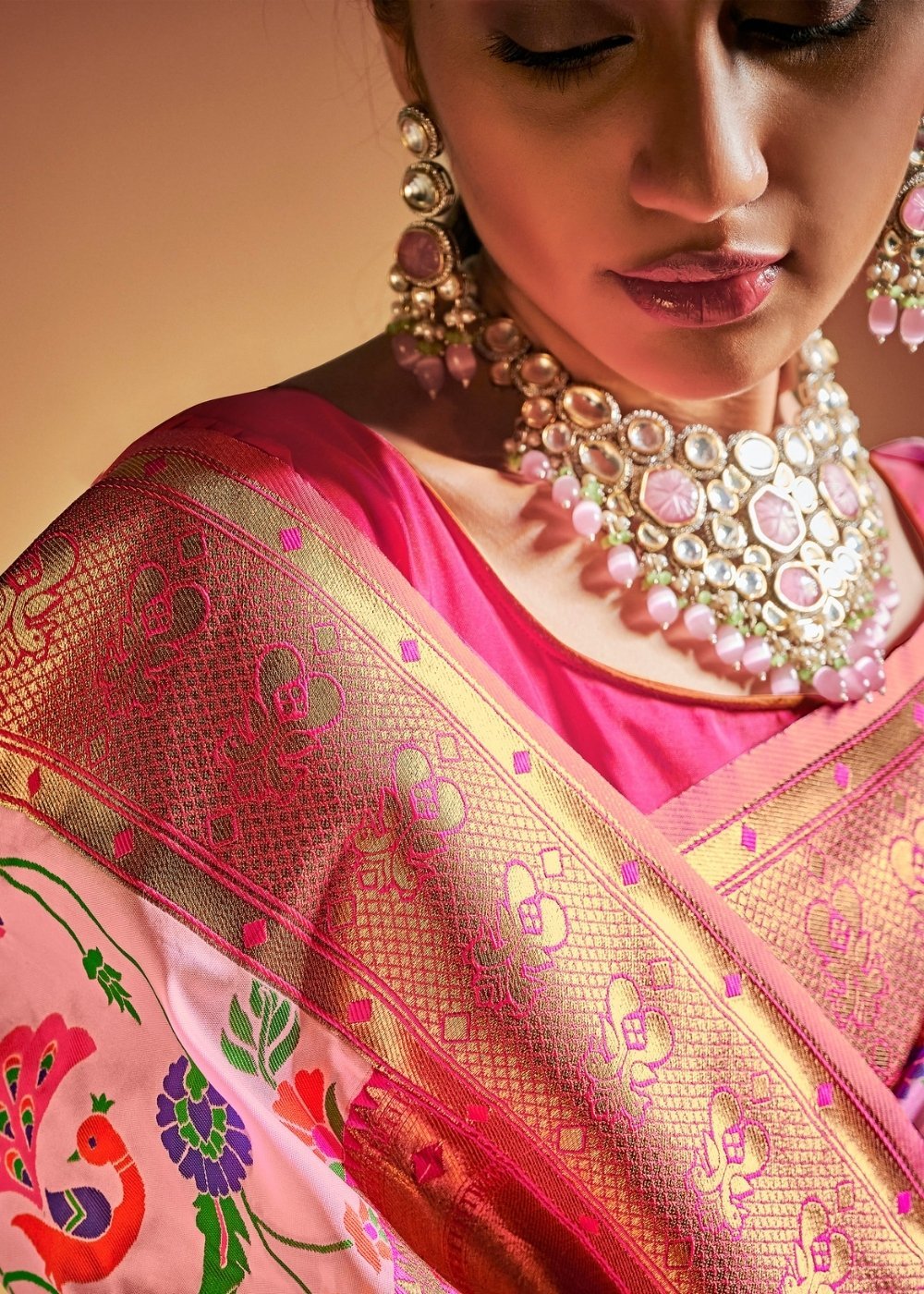 Buy MySilkLove Illusion Pink Zari Woven Banarasi Paithani Fusion Saree Online