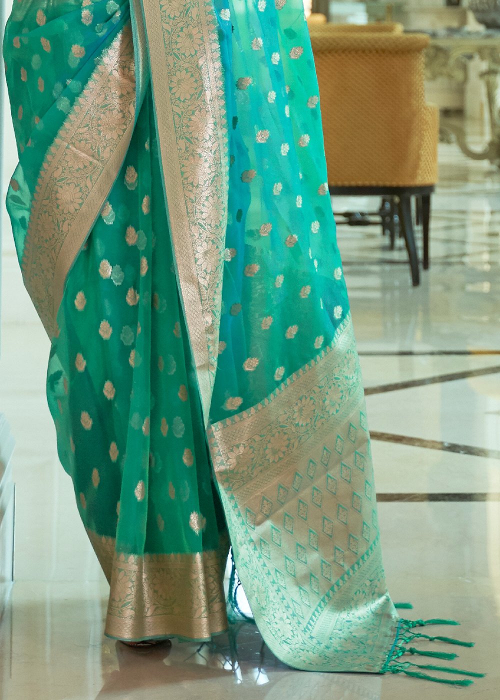 Buy MySilkLove Viridian Green Zari Woven Organza Silk Saree Online