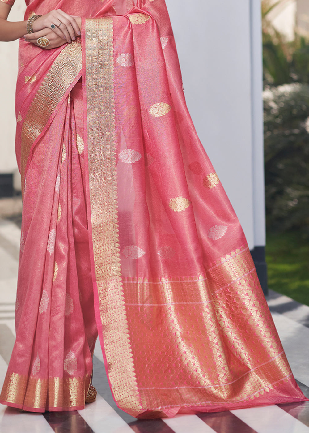 Buy MySilkLove Sundown Pink Zari Woven Tissue Banarasi Silk Saree Online