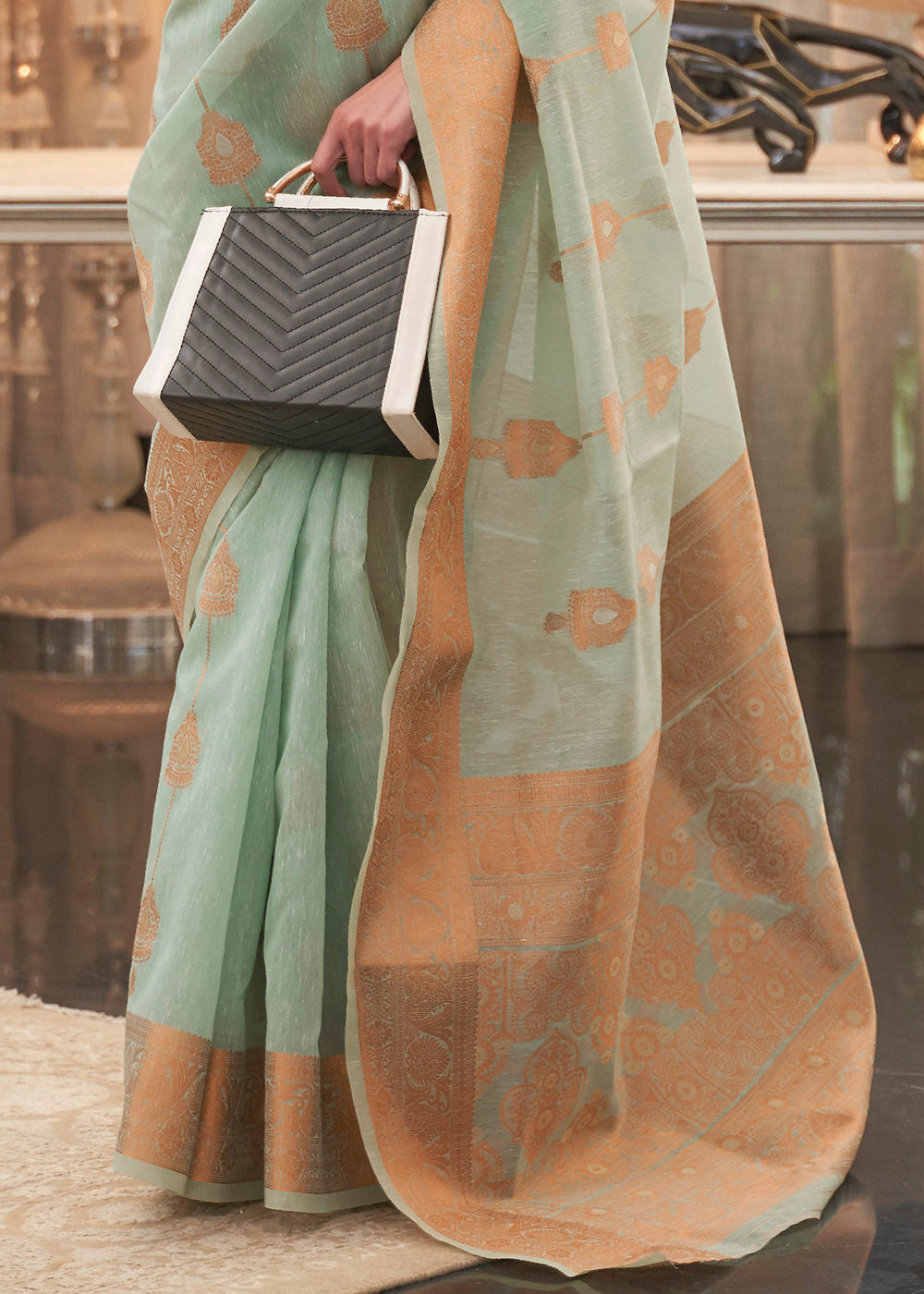 Buy MySilkLove Clay Ash Green Zari Woven Linen Saree Online