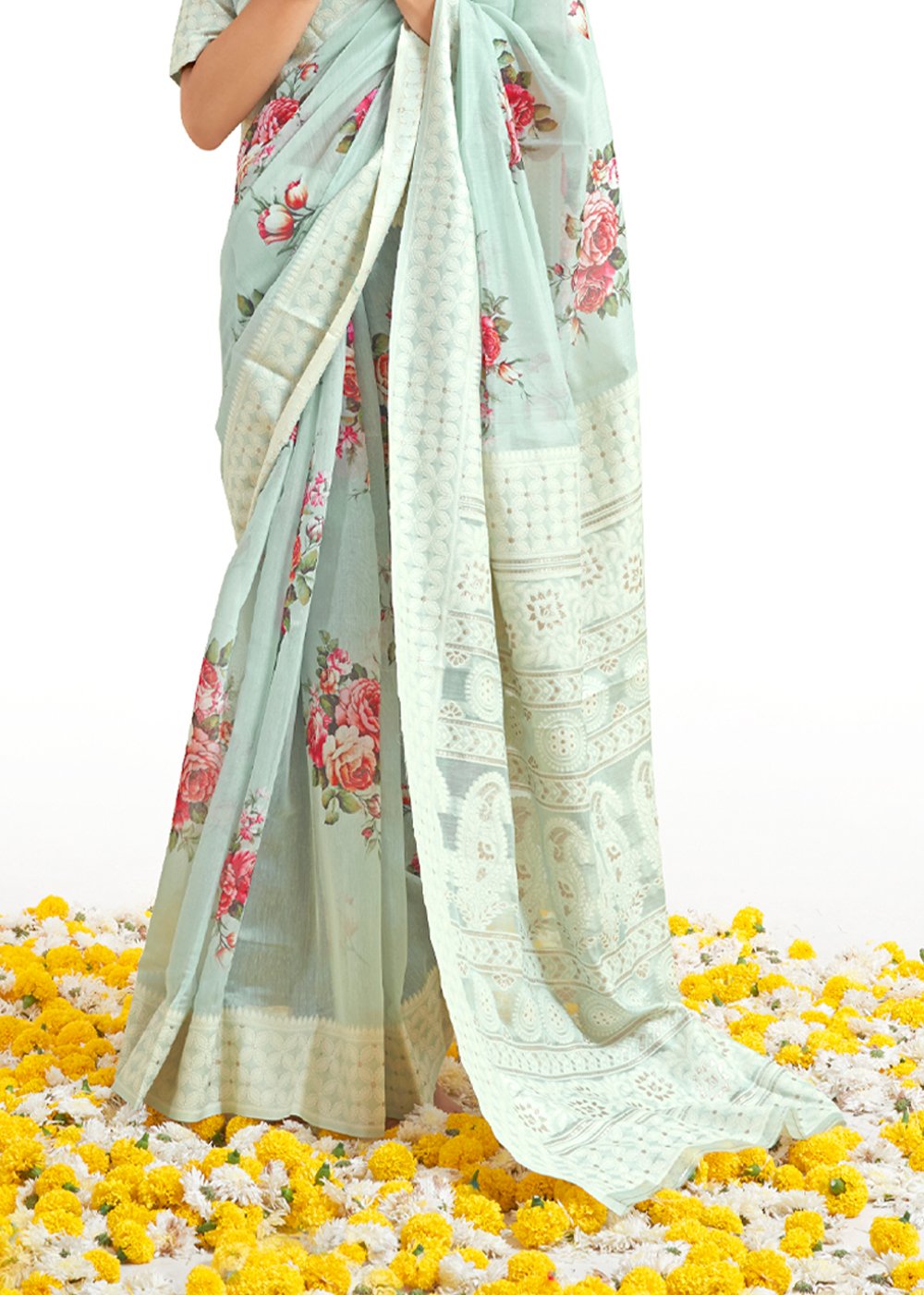Buy MySilkLove Swans Down Blue Zari Woven Digital Printed Linen Saree Online