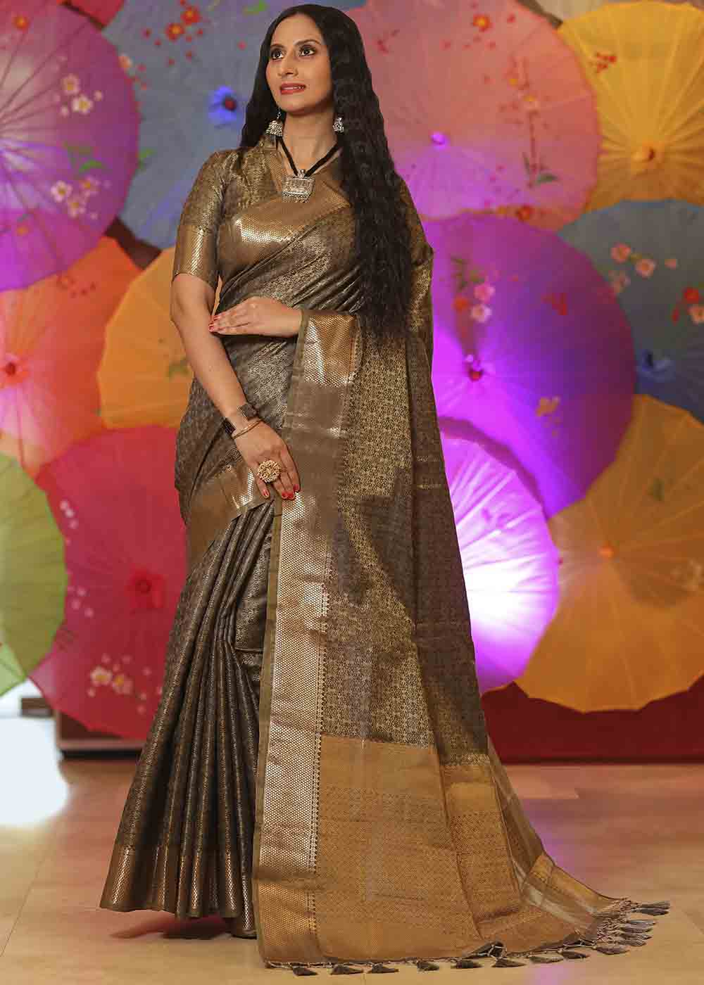 Buy MySilkLove Oyster Brown Zari Woven Banarasi Soft Silk Saree Online