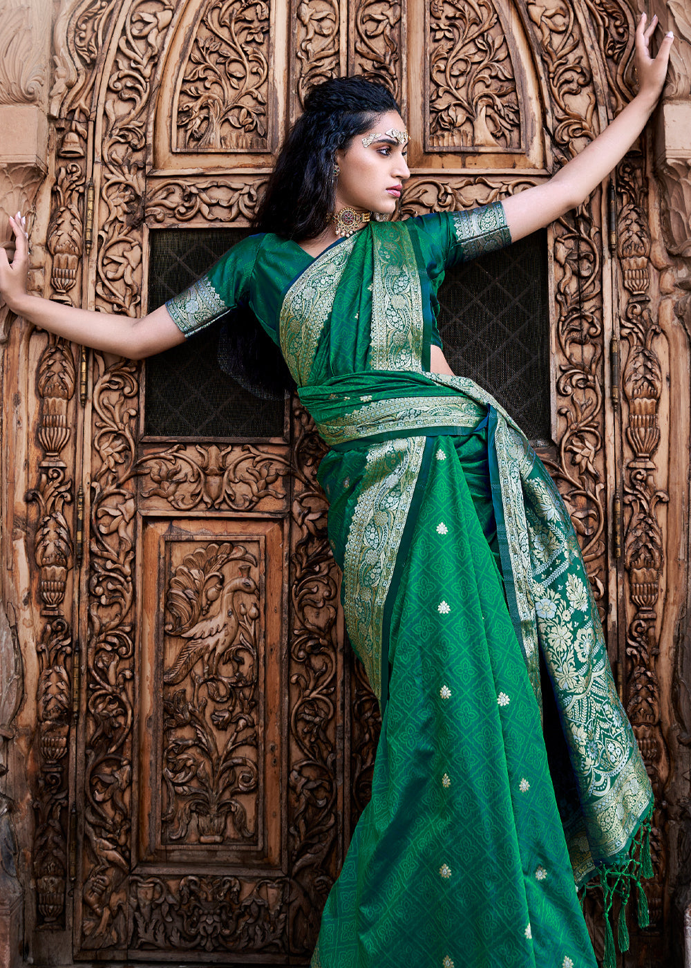 Buy MySilkLove Aqua Deep Green Woven Banarasi Satin Silk Saree Online