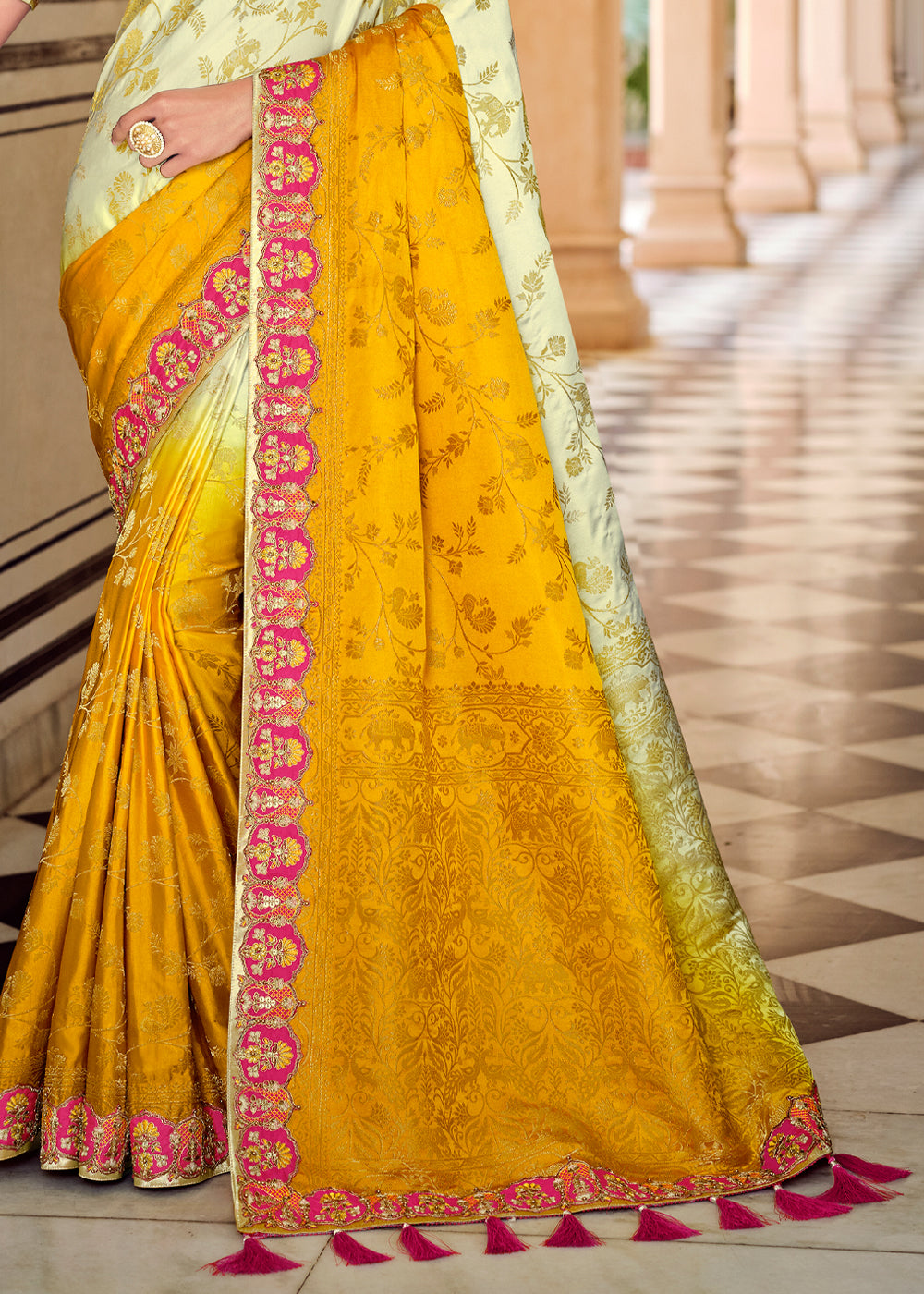 Buy MySilkLove Raffia White and Yellow Zari Woven Designer Banarasi Saree Online