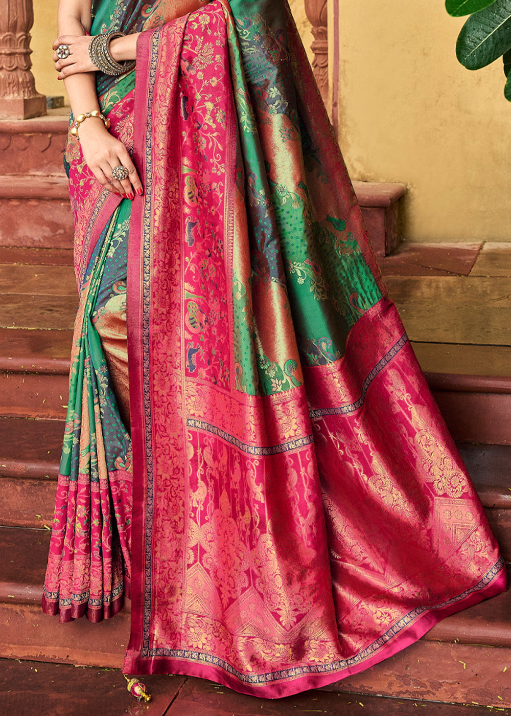 Buy MySilkLove Jade Green and Pink Designer Banarasi Saree Online