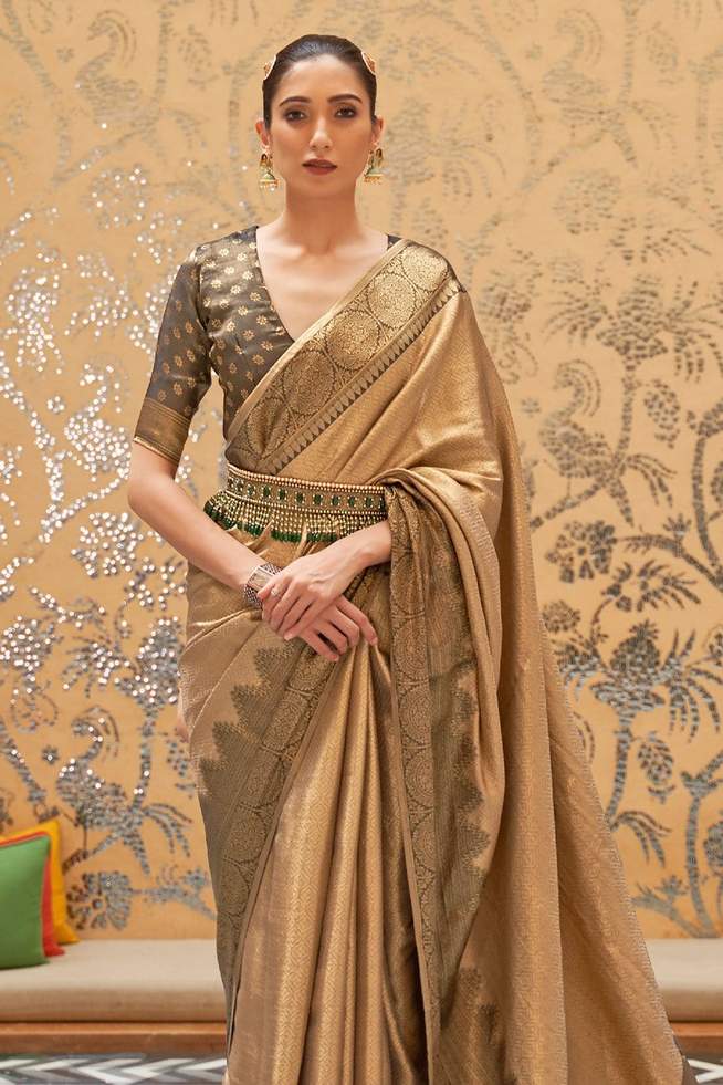 Buy MySilkLove Chocolate Brown Handloom Woven Kanjivaram Saree Online