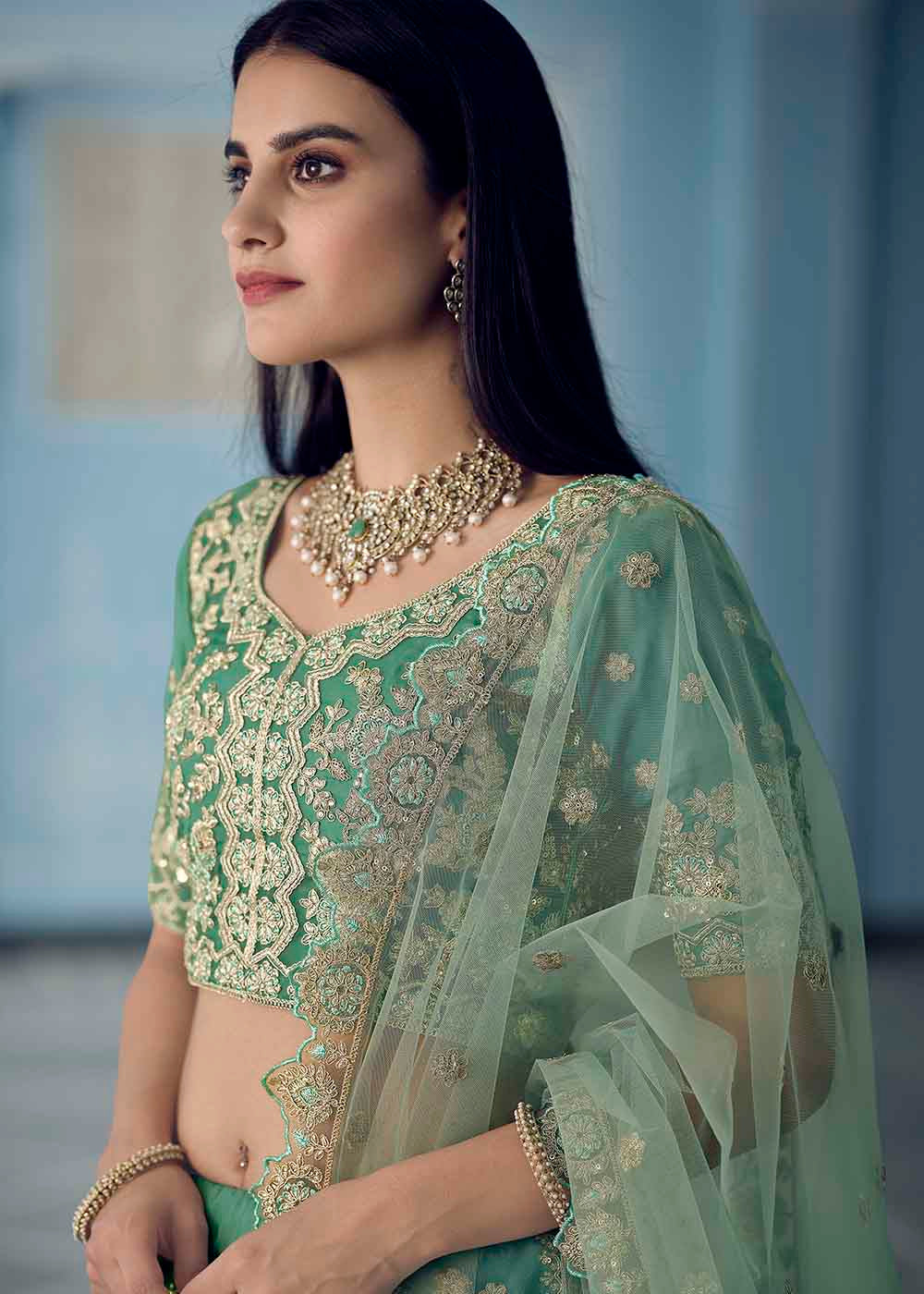 Buy MySilkLove Patina Green Organza Lehenga Choli Online