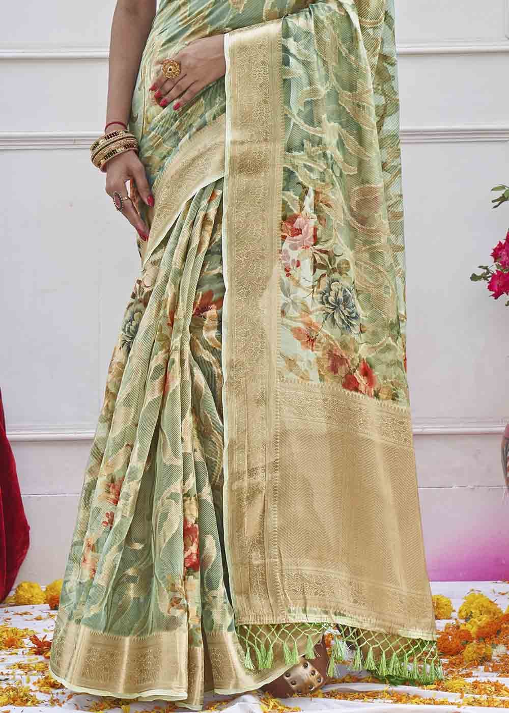 Buy MySilkLove Hillary Green Digital Printed Organza Silk Saree Online