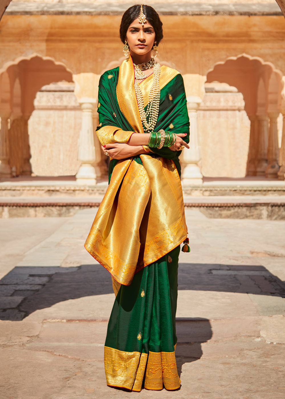 Buy MySilkLove Goblin Green and Yellow Zari Woven Designer Banarasi Saree Online