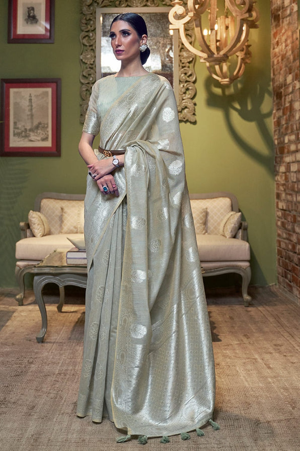 Buy MySilkLove Brook Grey Zari Woven Linen Saree Online