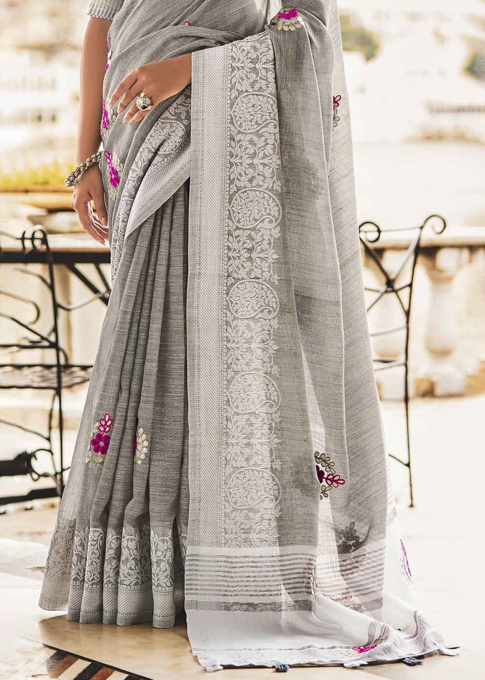 Buy MySilkLove Zorba Grey Zari Woven Soft Linen Silk Saree Online