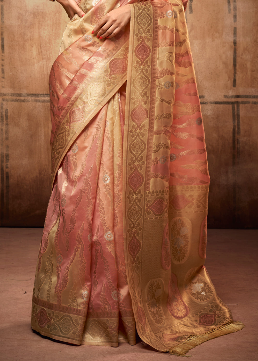 Buy MySilkLove Flesh Peach Zari Woven Banarasi Organza Saree Online