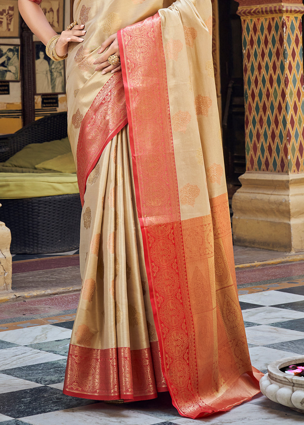 Buy MySilkLove Brandy Cream Woven Banarasi Barcode Silk Saree Online