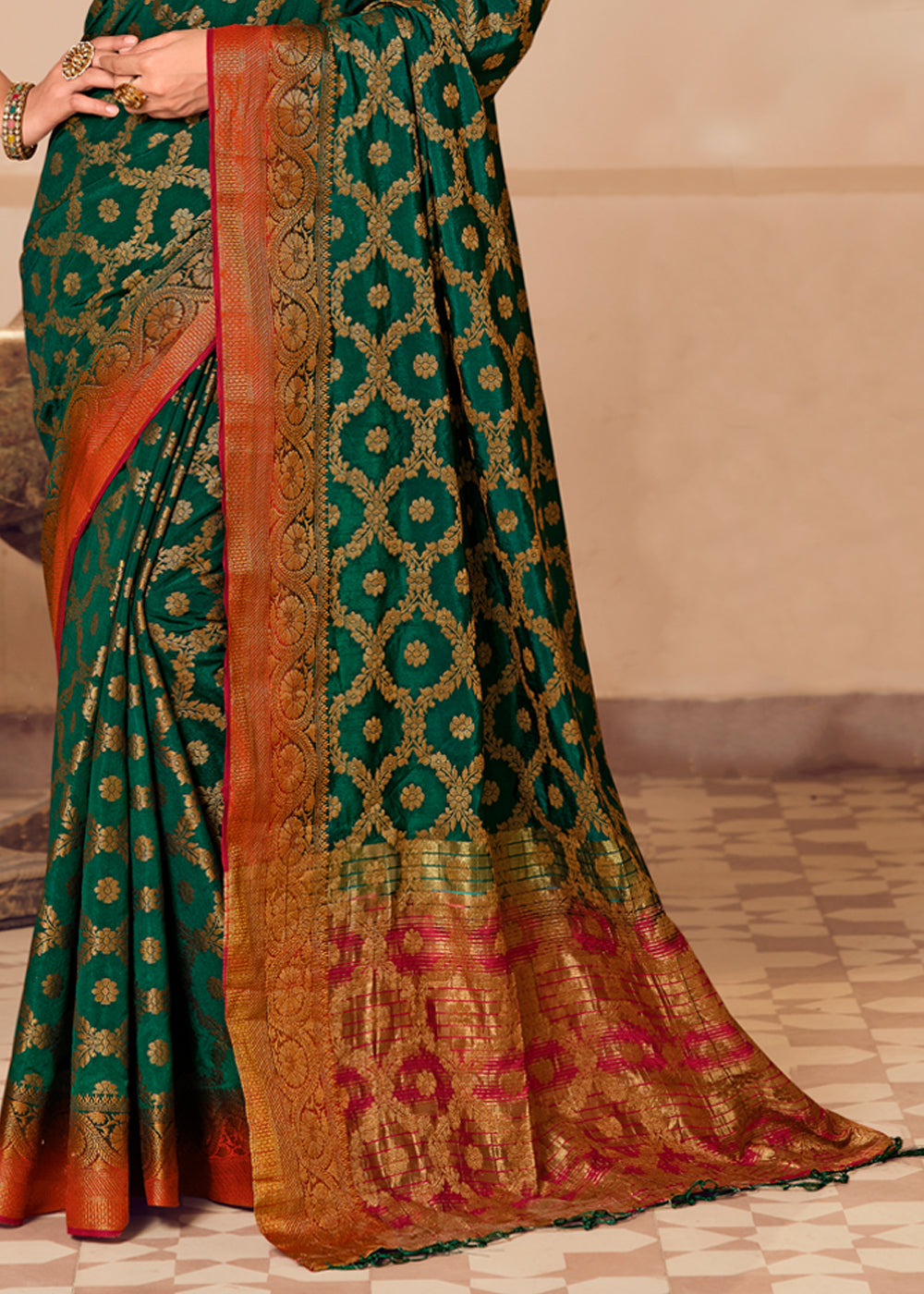 Buy MySilkLove Bottle Green Woven Banarasi Raw Silk Saree Online