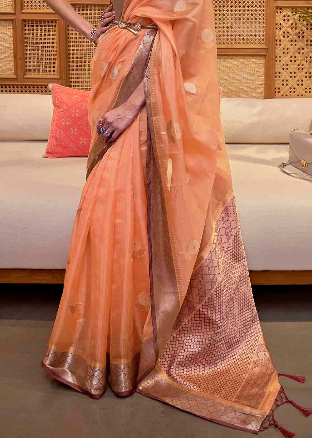 Buy MySilkLove Sandy Orange Zari Woven Two Tone Organza Saree Online