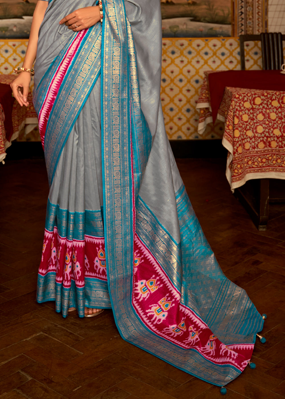 Buy MySilkLove Natural Grey and Blue Banarasi Patola Saree Online