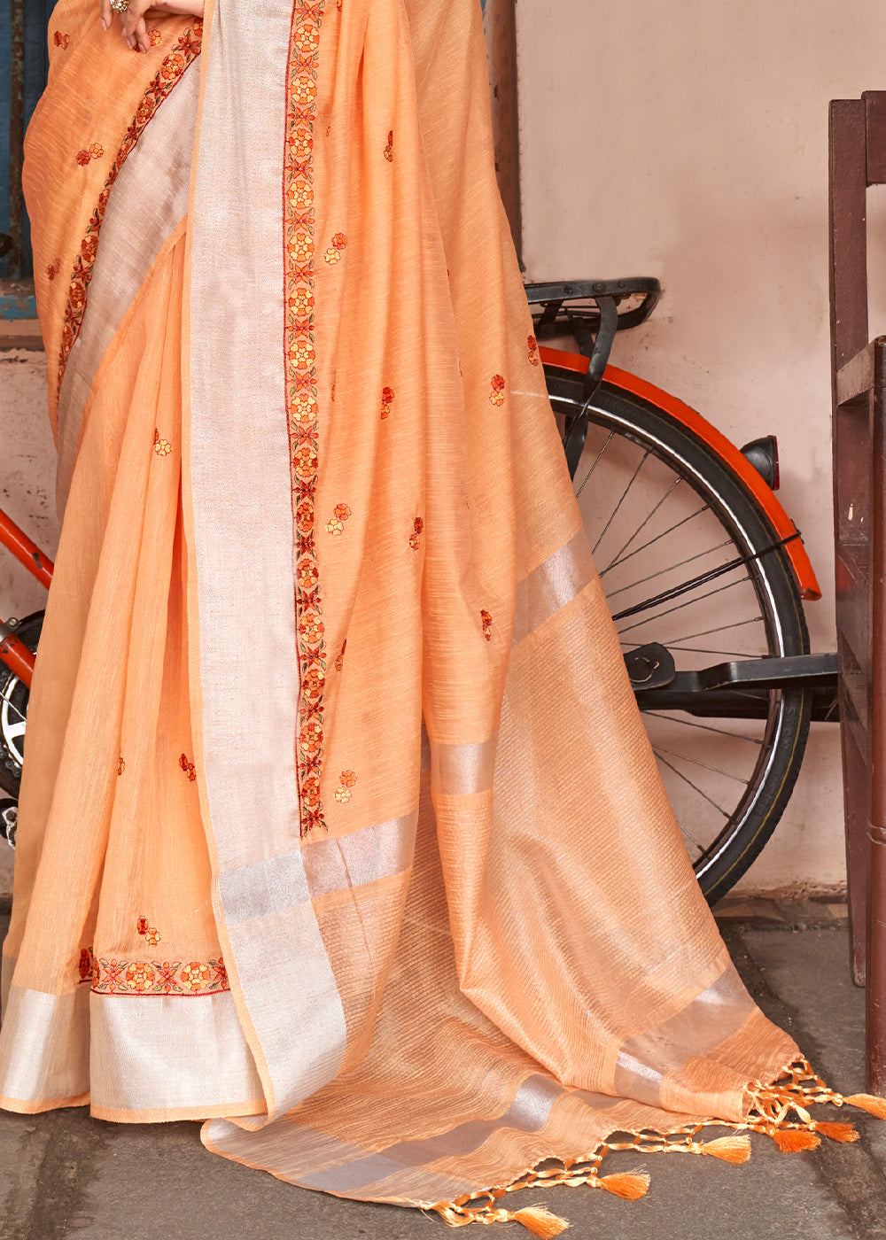 Buy MySilkLove Flesh Orange Floral Embroidered Linen Saree Online