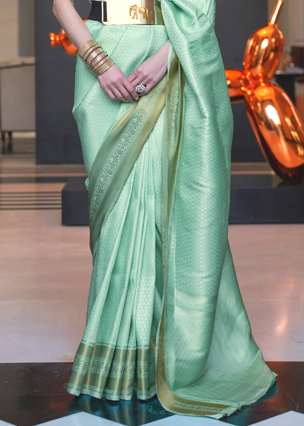 Buy MySilkLove Fringy Flower Green Woven Banarasi Silk Saree Online