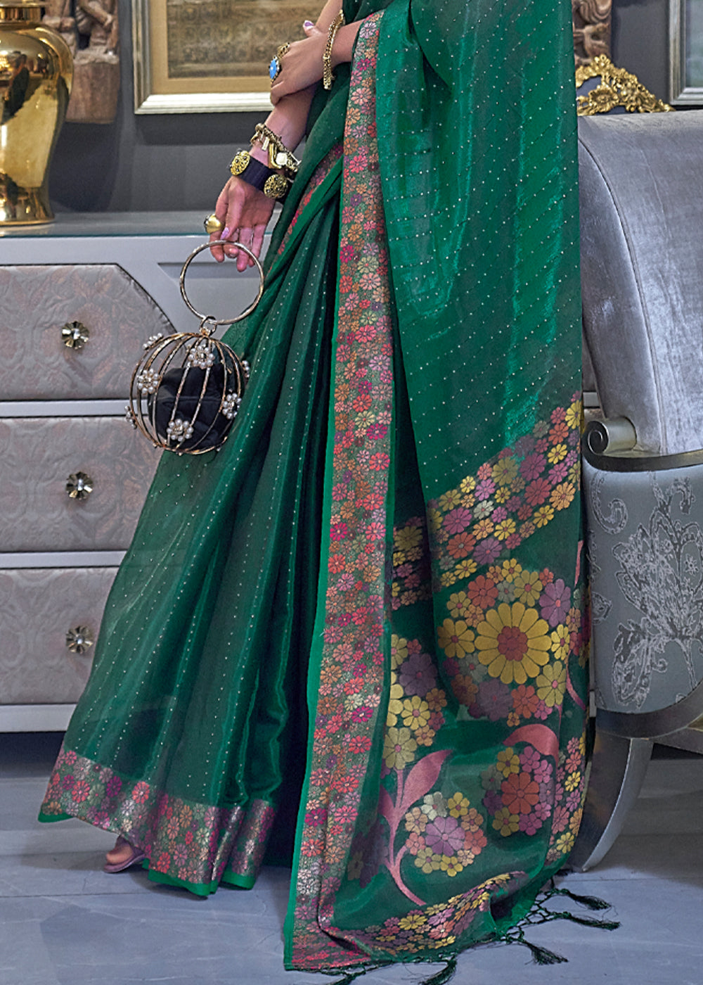 Buy MySilkLove Watercourse Green Woven Dual Tone Organza Banarasi Silk Saree Online