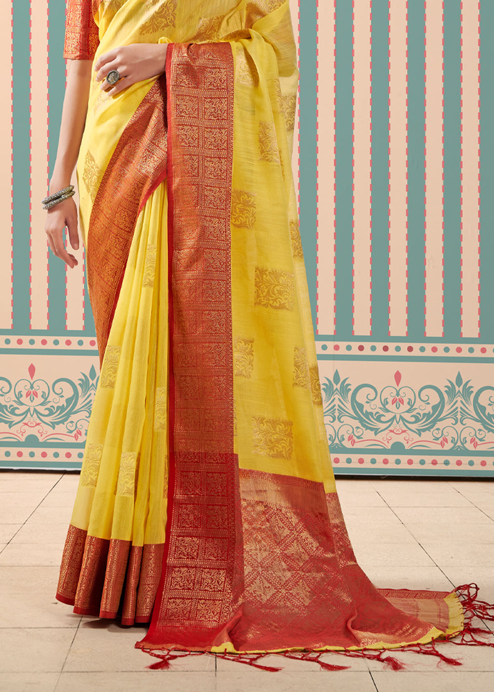 Buy MySilkLove Ronchi Yellow Zari Woven Banarasi Brocade Linen Saree Online